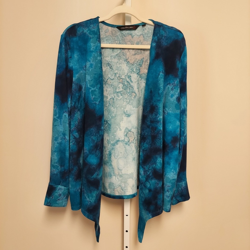 Colleen Lopez Blue Marble Tie Dye Open Front Tie Cardigan XL Transitional Layer - Picture 3 of 8